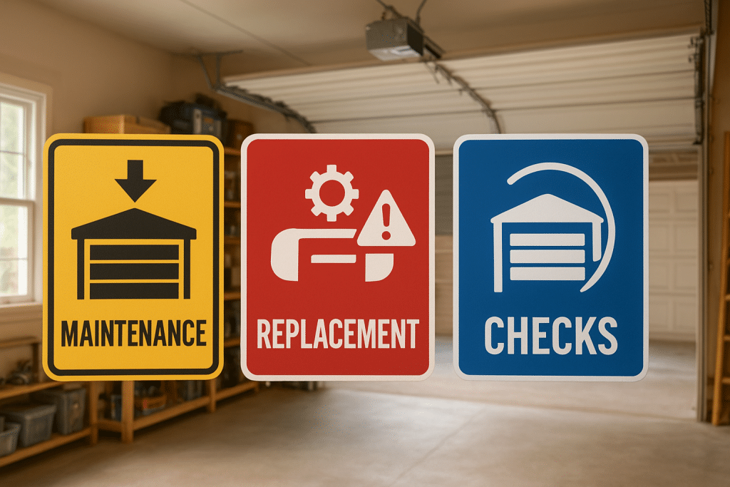 A clean garage setting with a focus on various garage door opener signs, displayed prominently in the foreground. The signs should include graphics indicating maintenance and replacement tips, with vivid colors and clear symbols of functionality and safety, like arrows and gears. In the middle ground, an open garage door reveals a well-organized workspace with tools and parts, suggesting readiness for repairs. The background should feature a well-maintained garage with shelving and storage, bathed in soft, natural light filtering through a window, creating an inviting atmosphere. Use a slightly elevated angle to capture the depth of the space and emphasize the signs, giving the impression of being in a real-life garage environment.