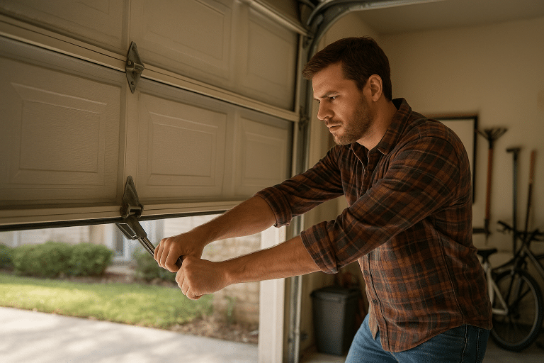 A man in a modest casual outfit, such as a plaid shirt and jeans, is manually opening a traditional garage door. The foreground shows the man's focused expression as he grips the door handle, showcasing the effort involved in the task. In the middle ground, the garage door is partially lifted, with visible hardware and pulleys that illustrate how it operates. The background features a well-maintained suburban garage setting, complete with parked bicycles and gardening tools. Soft, natural lighting filters through the open door, casting gentle shadows that add depth to the scene. The atmosphere conveys a sense of determination and practicality, emphasizing the hands-on approach to home maintenance. - Sanford garage door repair