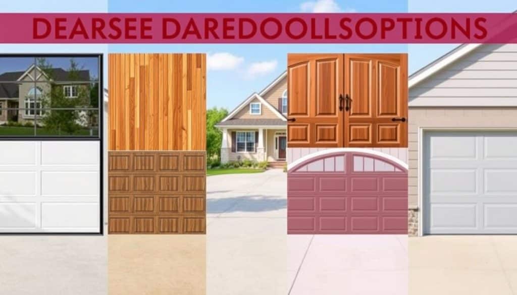 A beautifully organized display of diverse garage door options, showcasing four distinct styles: a sleek modern glass door with a minimalist frame, a rich textured wood-look door with warm tones, a classic carriage house style door with ornate details, and a robust steel door with a contemporary finish. In the foreground, feature each door option side by side to emphasize their unique characteristics, with natural lighting illuminating the textures. The middle ground should include a well-maintained driveway leading to a charming residential home, enhancing the inviting atmosphere. The background consists of soft greenery and a clear blue sky, creating an idyllic suburban setting. Capture this scene from a slightly elevated angle to provide a comprehensive overview. The mood is cheerful and informative, perfect for homeowners exploring garage door styles.