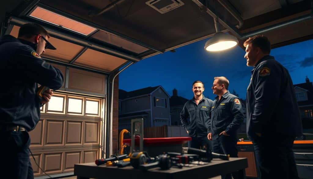 A bustling emergency garage scene at night, showcasing a team of professional garage door repair technicians in smart uniforms, working efficiently under bright overhead lights. In the foreground, a technician is using a power tool to fix a malfunctioning garage door, while another technician communicates with a happy customer standing beside a well-lit, broken garage door. The middle ground features a variety of repair tools neatly organized on a workbench, with a partially open garage door that reveals a glimpse of a parked vehicle. The background includes subtle hints of a suburban Davenport neighborhood, with distant houses shrouded in evening shadows. The overall mood is one of urgency and professionalism, capturing the essence of 24-hour rapid assistance. The scene is shot from a low angle, emphasizing the action and creating a dynamic perspective.