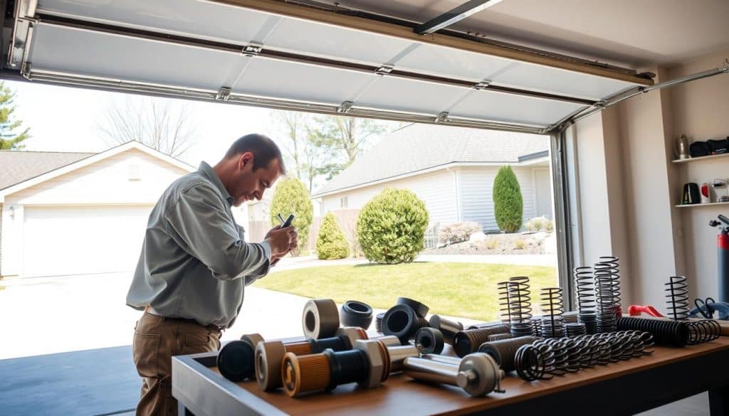 A busy garage door repair scene, showcasing a professional technician in modest casual clothing working on a large, slightly open garage door. In the foreground, the technician is using tools and inspecting the door mechanism with focus and expertise. The middle ground features partially disassembled components like rollers and springs, neatly organized on a workbench beside him. The background includes a suburban driveway, with a house visible to add context. Bright, natural daylight filters through, illuminating the scene and highlighting the details of the repair process. The atmosphere is one of efficiency and professionalism, conveying a sense of urgency and competence in the task at hand.