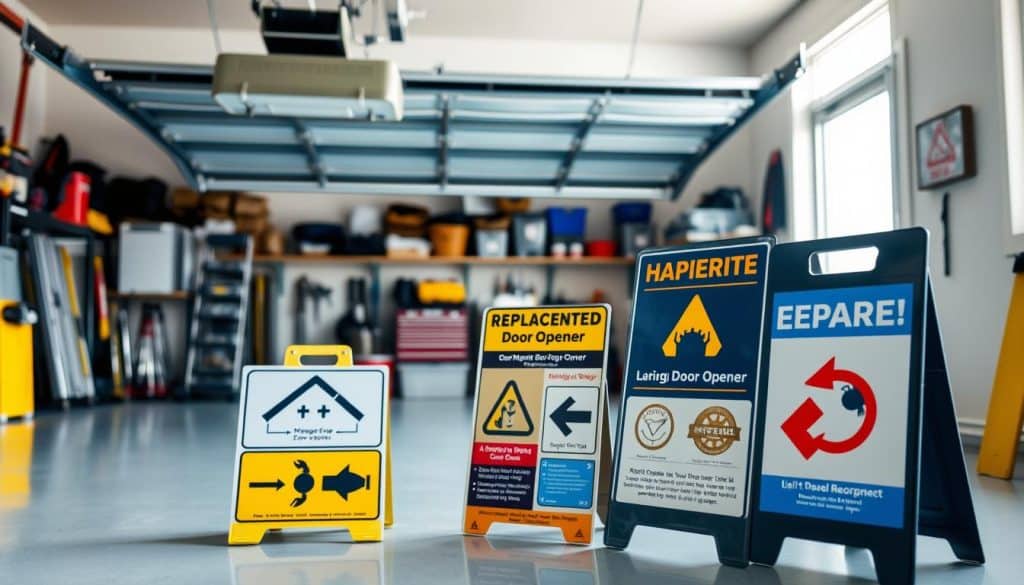 A clean garage setting with a focus on various garage door opener signs, displayed prominently in the foreground. The signs should include graphics indicating maintenance and replacement tips, with vivid colors and clear symbols of functionality and safety, like arrows and gears. In the middle ground, an open garage door reveals a well-organized workspace with tools and parts, suggesting readiness for repairs. The background should feature a well-maintained garage with shelving and storage, bathed in soft, natural light filtering through a window, creating an inviting atmosphere. Use a slightly elevated angle to capture the depth of the space and emphasize the signs, giving the impression of being in a real-life garage environment.