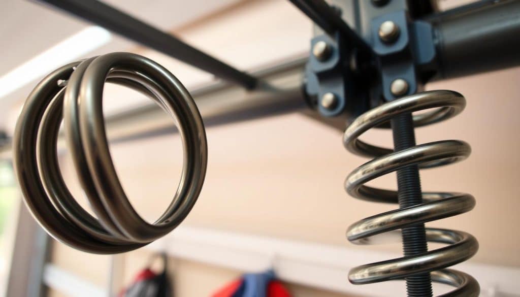 A close-up image of a garage door spring, featuring intricate details of the metal coil and the tension mechanisms. In the foreground, highlight the spring’s smooth, spiraled surface with subtle shadows to create depth. The middle ground shows the mounting brackets attaching the spring to the garage wall, with a soft focus to suggest proximity and context. The background should depict a slightly open garage door, hinting at a home garage environment, with soft, natural lighting filtering in, creating a warm and inviting atmosphere. Capture the mood of a DIY project, emphasizing safety and craftsmanship. Camera angle should be slightly tilted for a dynamic perspective, adding interest without overwhelming the subject.