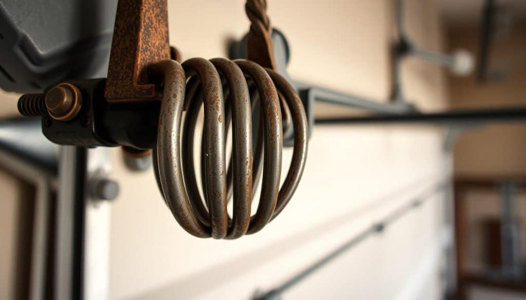 A close-up image of a garage door spring installed on a garage door mechanism, capturing intricate details of the coiled metal spring with signs of wear, rust, and tension. The foreground focuses on the spring, showcasing its complex structure, while the middle ground features the garage door system, including pulleys and cables, illuminated by soft, diffused lighting to emphasize texture and depth. In the background, an unfocused view of a suburban garage, with neutral colors and a well-maintained environment, conveys a typical American home setting. The overall mood is informative and professional, suitable for an article, highlighting the mechanics of garage door springs in a residential context.