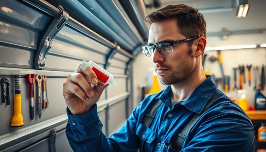A close-up image of a professional technician applying lubricant to a garage door spring, showcasing a well-lit garage environment. In the foreground, the technician, dressed in a blue work shirt and safety glasses, carefully uses a grease applicator to target the spring mechanism, with grease prominently visible on the applicator tip. The middle ground features a partially open garage door with metal components and visible springs, emphasizing the lubrication process. In the background, various tools hang on the wall, and a workbench is organized with oil cans and cleaning supplies, creating a sense of professionalism and order. The lighting is bright and natural, with soft shadows enhancing the details, creating a focused and industrious atmosphere within the garage scene. A close-up image of a professional technician applying lubricant to a garage door spring, showcasing a well-lit garage environment. In the foreground, the technician, dressed in a blue work shirt and safety glasses, carefully uses a grease applicator to target the spring mechanism, with grease prominently visible on the applicator tip. The middle ground features a partially open garage door with metal components and visible springs, emphasizing the lubrication process. In the background, various tools hang on the wall, and a workbench is organized with oil cans and cleaning supplies, creating a sense of professionalism and order. The lighting is bright and natural, with soft shadows enhancing the details, creating a focused and industrious atmosphere within the garage scene.