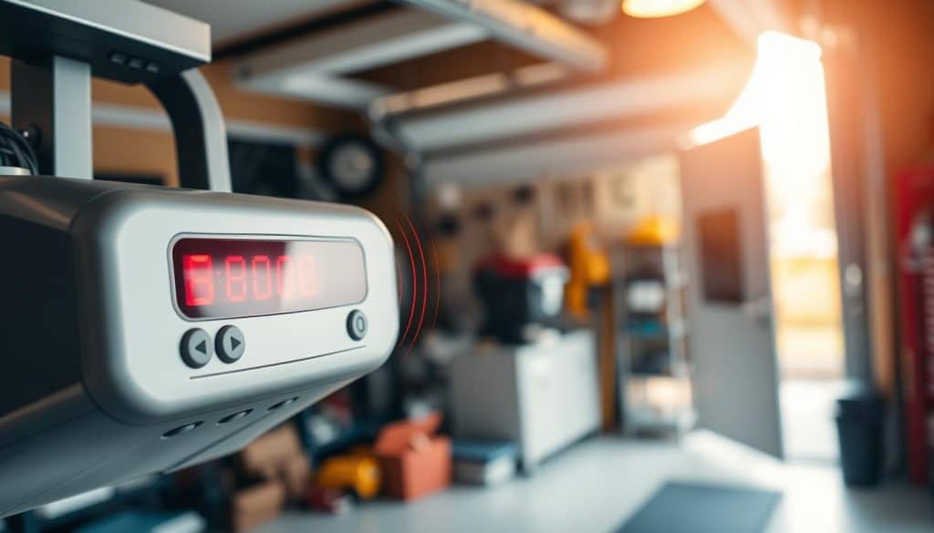 A close-up of a modern garage door opener, prominently displayed in the foreground, showcasing its sleek design and detailed buttons. The LED display blinks red, indicating it is beeping, with concentric waves of sound visually represented as subtle lines emanating from it. In the middle layer, the garage interior is slightly out of focus, revealing a well-organized space with tools and equipment neatly arranged, providing a sense of practicality and utility. In the background, a partially open garage door lets in warm, natural light, creating a contrasting cozy atmosphere. The scene should evoke a sense of curiosity and concern, ideal for a professional setting, with soft shadows and a clear, inviting ambiance. The entire composition should focus on the garage door opener's functionality, capturing the essence of why it might be beeping.