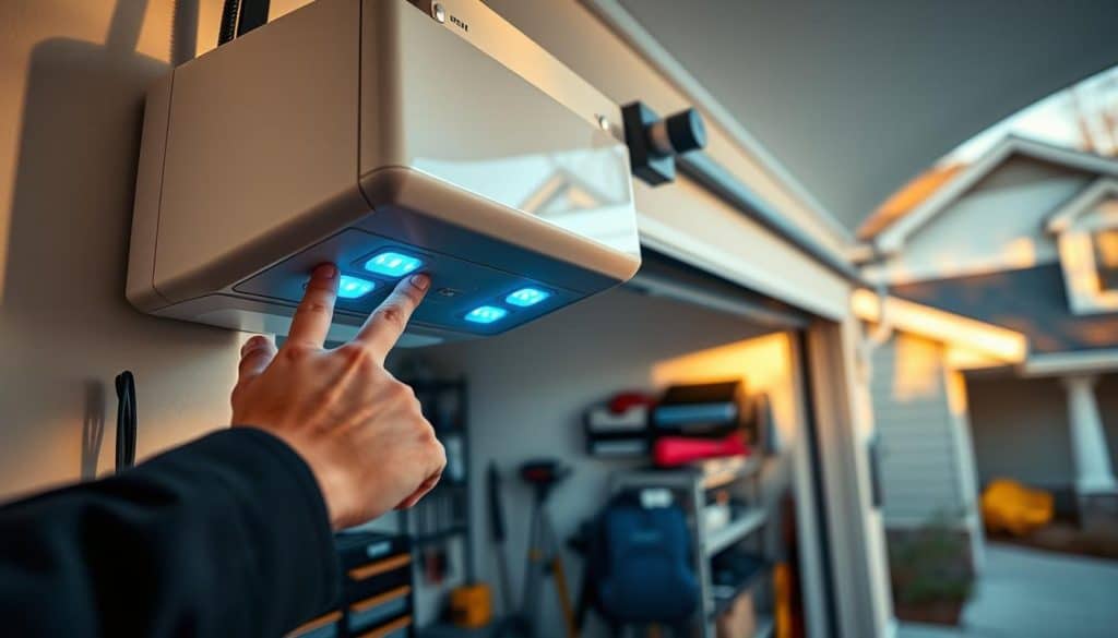 A close-up shot of a sleek, modern garage door opener mounted on a wall, showcasing its detailed design with buttons illuminated in soft blue light. In the foreground, include a hand reaching out to press the button, dressed in a casual yet professional outfit. The middle ground features a half-open garage door revealing a tidy garage setup with tools neatly arranged on shelves. The background showcases one side of a suburban home, bathed in warm afternoon sunlight, casting gentle shadows. The scene conveys a sense of safety and accessibility, highlighting the functionality of the garage door opener. The image should have a realistic texture, captured with a 35mm lens to evoke a comforting and inviting atmosphere.