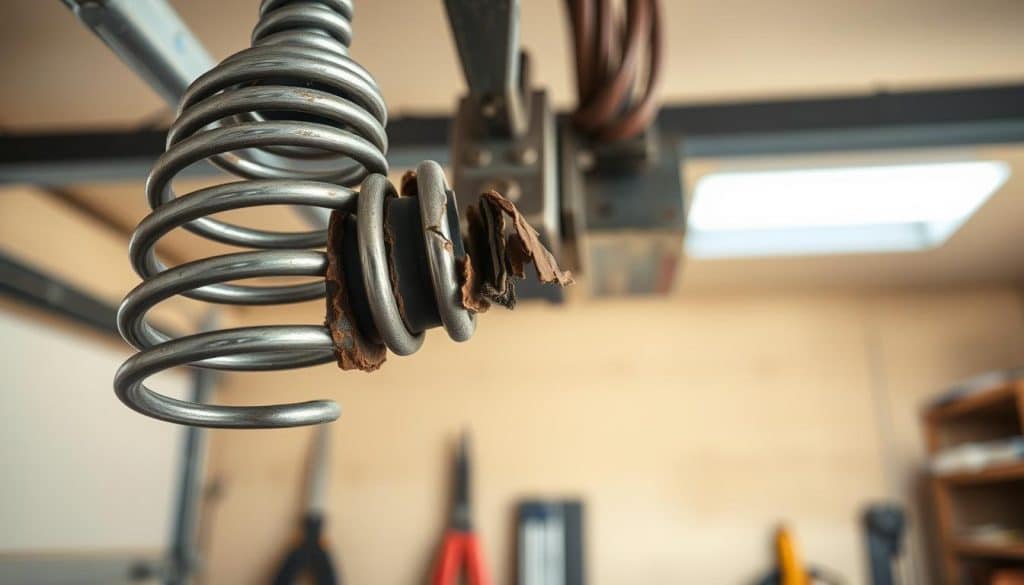 A close-up view of a broken garage door spring, highlighting the intricate metallic coils and tension mechanism. The foreground features the damaged spring with visible stress and a slight twist, emphasizing its broken state. In the middle, the garage door tracks and parts are slightly visible, showing wear and tear, creating a realistic workshop environment. The background displays a neutral-colored garage setting, with soft, natural light streaming in from an overhead window, casting subtle shadows. The overall mood conveys urgency and safety, depicting the importance of addressing the broken spring promptly. The image should be clear and detailed, suitable for educational purposes, with no text or branding elements included. A close-up view of a broken garage door spring, highlighting the intricate metallic coils and tension mechanism. The foreground features the damaged spring with visible stress and a slight twist, emphasizing its broken state. In the middle, the garage door tracks and parts are slightly visible, showing wear and tear, creating a realistic workshop environment. The background displays a neutral-colored garage setting, with soft, natural light streaming in from an overhead window, casting subtle shadows. The overall mood conveys urgency and safety, depicting the importance of addressing the broken spring promptly. The image should be clear and detailed, suitable for educational purposes, with no text or branding elements included.