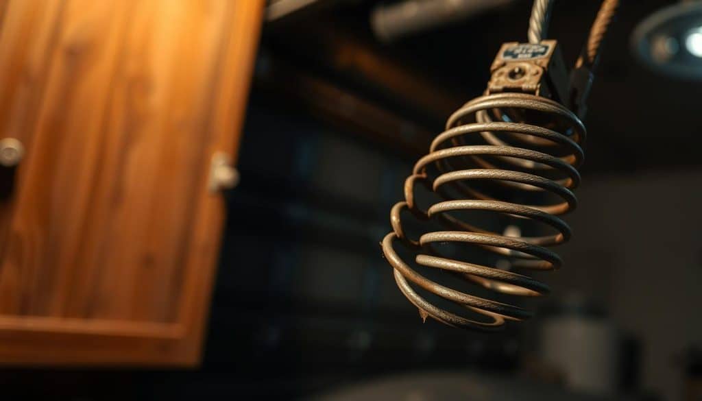 A close-up view of a broken garage door spring, prominently displayed in the foreground, showcasing the intricate coils and mechanism. The springs should be rusted and slightly frayed, indicating wear and tear. In the middle ground, include part of a garage door slightly ajar, revealing wood and metal textures. The background features a dimly lit garage, emphasizing shadows to create a moody, dramatic atmosphere. Utilize a soft focused lens to highlight the details of the spring while gently blurring the garage setting. The lighting should be warm and subtle, evoking a sense of concern and attention to detail. The overall composition should focus on the spring's condition to visually communicate its significance in garage door maintenance. A close-up view of a broken garage door spring, prominently displayed in the foreground, showcasing the intricate coils and mechanism. The springs should be rusted and slightly frayed, indicating wear and tear. In the middle ground, include part of a garage door slightly ajar, revealing wood and metal textures. The background features a dimly lit garage, emphasizing shadows to create a moody, dramatic atmosphere. Utilize a soft focused lens to highlight the details of the spring while gently blurring the garage setting. The lighting should be warm and subtle, evoking a sense of concern and attention to detail. The overall composition should focus on the spring's condition to visually communicate its significance in garage door maintenance.