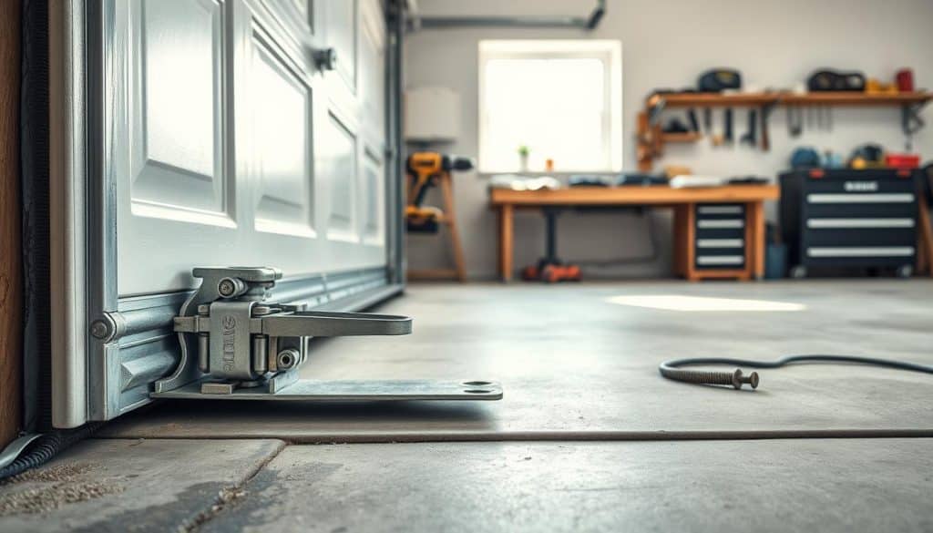 A close-up view of a garage door bottom panel, showcasing detailed textures and materials such as weatherstripping and hinges. The foreground focuses on the intricate design of the door panel, emphasizing its sturdy construction and finish. The middle ground includes tools like a power drill and screws, which suggest installation in progress. In the background, a bright and well-lit garage space with concrete flooring and organized tools on a workbench creates a practical atmosphere. Soft, natural lighting illuminates the scene from a nearby window, casting gentle shadows and enhancing the realism. The overall mood is one of professionalism and hands-on work, ideal for a home improvement setting.