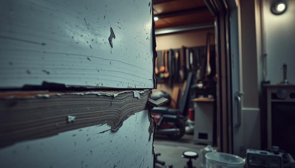 A close-up view of a garage door exhibiting visible damage, featuring dents, scratches, and peeling paint, capturing the wear and tear from neglect and age. In the foreground, focus on the warped metal and broken wooden panels, showcasing a realistic texture and detail in the imperfections. The middle ground reveals a slightly ajar door, hinting at potential internal malfunction, while debris like tools and equipment scattered around emphasizes the maintenance gaps. In the background, a dimly lit garage interior can be seen, with tools hanging and an unkempt environment, casting shadows that evoke a sense of neglect. The lighting is soft and moody, accentuating the damaged areas, suggesting an atmosphere of concern and the need for repair. The image should maintain a professional appearance, devoid of any text or overlays.