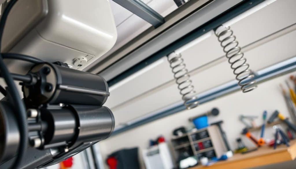A close-up view of a garage door opener mechanism in action, set in a well-lit garage environment. In the foreground, the garage door opener with its motor and gears is highlighted, showcasing intricate details of the components and cables. The middle ground features a partially raised garage door, revealing tensioned garage door springs visible on either side, emphasizing their role in the door’s movement. The background includes tools and parts organized neatly on a workbench, enhancing the sense of a functional repair space. Soft, even lighting creates an informative and professional atmosphere, simulating a typical DIY garage setting. The image is captured from a slightly low angle to emphasize the opener's importance in lifting the door.