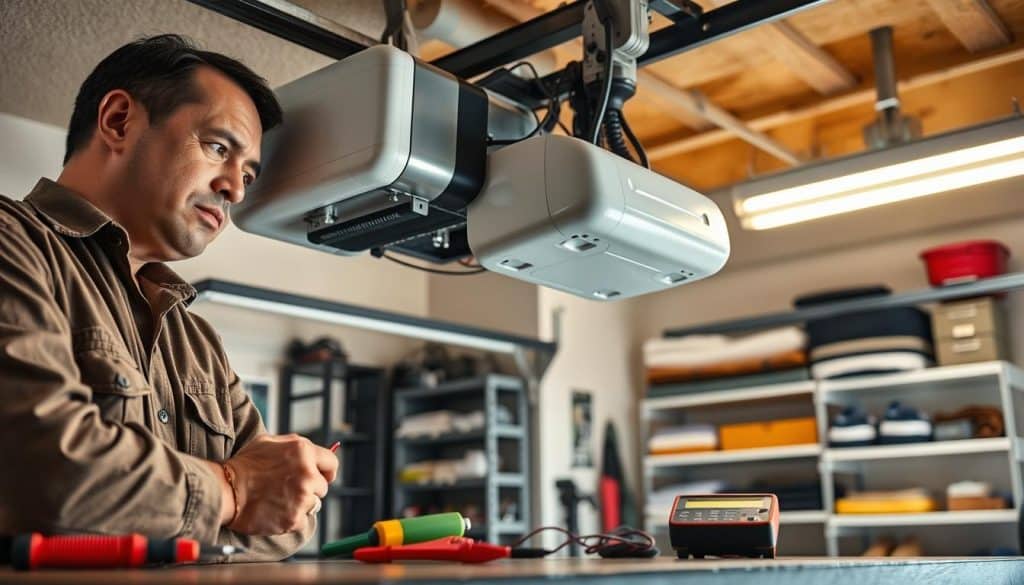 A close-up view of a garage door opener system being troubleshooted, featuring a technician in modest casual clothing examining the unit with a focused expression. In the foreground, tools like a screwdriver and a multimeter are neatly arranged on a workbench beside the opener. The middle ground showcases the garage door opener mounted on the ceiling, with visible wiring and components, illustrating the complexity of the system. The background includes a neatly organized garage, with shelves holding spare parts and an overhead light casting a warm glow to create an inviting, practical atmosphere. The image should be well lit, capturing the details of the equipment and the technician’s careful examination, conveying a sense of professionalism and problem-solving.