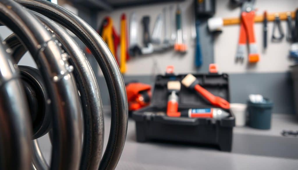 A close-up view of a garage door spring and its grease, emphasizing the smooth, shiny texture of the grease surrounding the spring mechanism. In the foreground, the spring coils are intricately detailed, showcasing their robust metal construction, with grease glistening under soft, diffused lighting. In the middle ground, a toolbox with grease applicators and brushes suggest the maintenance process. The background is slightly blurred, featuring elements of a garage environment, such as tools hanging on a wall and a workbench. The atmosphere conveys professionalism and expertise, evoking a sense of trust and reliability. The image captures the essence of maintenance and safety in garage operations, focusing on the importance of grease for optimal functionality. A close-up view of a garage door spring and its grease, emphasizing the smooth, shiny texture of the grease surrounding the spring mechanism. In the foreground, the spring coils are intricately detailed, showcasing their robust metal construction, with grease glistening under soft, diffused lighting. In the middle ground, a toolbox with grease applicators and brushes suggest the maintenance process. The background is slightly blurred, featuring elements of a garage environment, such as tools hanging on a wall and a workbench. The atmosphere conveys professionalism and expertise, evoking a sense of trust and reliability. The image captures the essence of maintenance and safety in garage operations, focusing on the importance of grease for optimal functionality.
