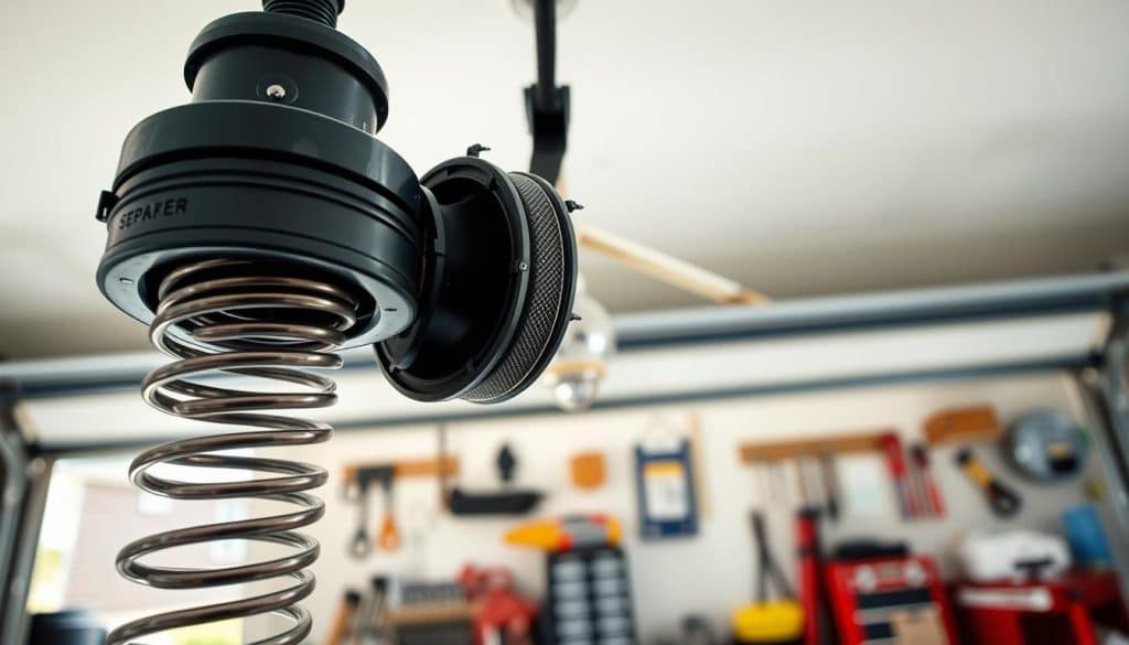A close-up view of a garage door spring assembly, showcasing the intricate details of the springs, cables, and pulleys in the foreground. The scene is illuminated with bright, natural lighting that highlights the metallic textures and creates soft shadows. In the middle ground, a partially open garage door reveals a well-organized garage space, featuring tools and equipment relevant to garage maintenance. The background is a standard suburban neighborhood, softly blurred to maintain focus on the spring mechanism. The mood is informative and professional, reflecting the technical nature of garage door repair. The angle is slightly from above, providing a clear perspective on the tension and structure of the spring system.