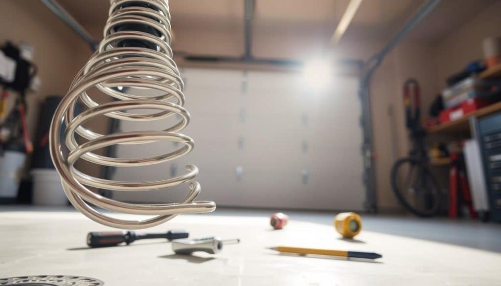 A close-up view of a garage door spring in a well-lit garage setting, showcasing the intricate details of the coiled steel mechanism. In the foreground, the shiny spring is prominently displayed, emphasizing its tension and structure. In the middle ground, various tools like a wrench and a screwdriver are scattered, hinting at an ongoing repair job. The background reveals a partially open garage door, allowing soft, natural light to filter in, creating a warm and inviting atmosphere. The angle is slightly above the spring, giving a clearer perspective on its size and design. The overall mood is informative and focused, ideal for an article discussing garage door spring replacement costs.
