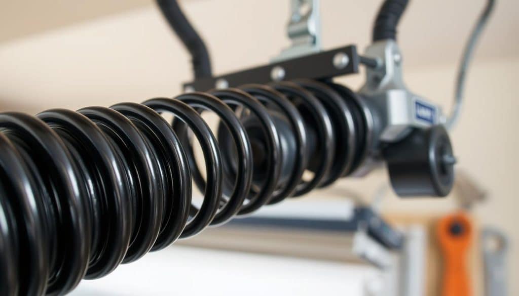 A close-up view of a garage door spring in action, showcasing its coiled metal form and intricate details. The foreground highlights the spring’s texture with a shiny black finish, reflecting subtle light. In the middle, a portion of the garage door mechanism is visible, including brackets and pulleys, emphasizing the interconnected components. The background should depict a well-lit garage environment with neutral colors, perhaps a hint of wood and tools for context, creating an atmosphere of maintenance and care. The lighting is bright and natural, simulating daylight, with a slight focus on the spring to draw attention to its importance in garage door functionality. The overall mood is professional and technical, illustrating the significance of proper maintenance. A close-up view of a garage door spring in action, showcasing its coiled metal form and intricate details. The foreground highlights the spring’s texture with a shiny black finish, reflecting subtle light. In the middle, a portion of the garage door mechanism is visible, including brackets and pulleys, emphasizing the interconnected components. The background should depict a well-lit garage environment with neutral colors, perhaps a hint of wood and tools for context, creating an atmosphere of maintenance and care. The lighting is bright and natural, simulating daylight, with a slight focus on the spring to draw attention to its importance in garage door functionality. The overall mood is professional and technical, illustrating the significance of proper maintenance.