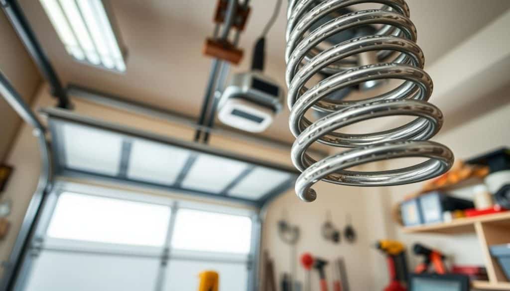 A close-up view of a garage door spring, intricately detailed to showcase its mechanics and structure. The foreground features a large, tightly wound spring with a glint of metallic sheen and fine textures visible, emphasizing wear and use. In the middle ground, a partially open garage door reveals a clean, organized workspace, with tools neatly arranged, hinting at maintenance activity. The background includes soft, diffused lighting filtering through the garage, creating a warm and inviting atmosphere. The angle of the shot is slightly tilted upward, giving a dynamic perspective on the spring's placement, while capturing the essence of durability and functionality. The overall mood is professional and informative, suitable for an article discussing lifespan and usage of garage door springs.