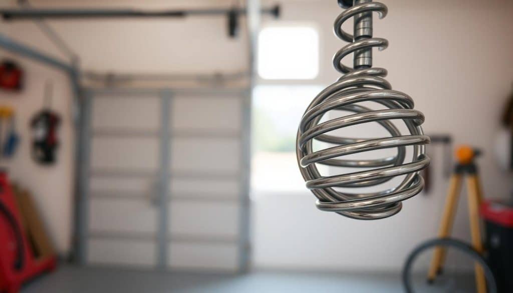 A close-up view of a garage door spring set against a clean, well-lit backdrop. In the foreground, focus on the intricate details of the spring's coils, showcasing both the tension and structure; the metallic texture reflects soft, natural light, highlighting its sturdy design. In the middle ground, a slightly blurred garage door partially open, revealing a hint of the garage interior, emphasizing functionality. In the background, out-of-focus tools and equipment create an organized workspace ambiance. Capture the image from a slight angle to enhance depth, using a shallow depth of field to emphasize the spring while maintaining a sharp focus. The overall mood is technical yet approachable, illustrating the importance and universality of garage door springs in a home setting.