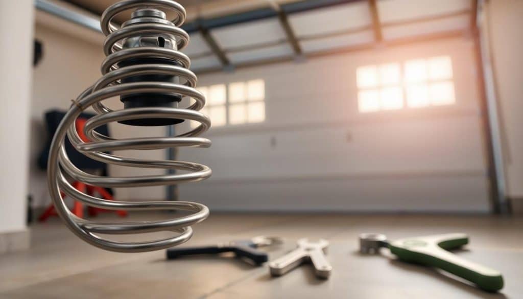 A close-up view of a garage door spring, showcasing its intricate coil structure and metallic finish. The foreground features the spring prominently, displaying its tension and resilience. In the middle ground, there are tools like pliers and a wrench, suggesting an ongoing maintenance process. The background is a softly blurred garage setting, featuring a slightly ajar garage door and concrete floor, with natural light streaming in from the opening, creating a warm, inviting atmosphere. The angle is slightly tilted to give depth and emphasize the spring's importance in the garage door mechanism. The mood is professional and focused, ideal for illustrating costs and replacement details. A close-up view of a garage door spring, showcasing its intricate coil structure and metallic finish. The foreground features the spring prominently, displaying its tension and resilience. In the middle ground, there are tools like pliers and a wrench, suggesting an ongoing maintenance process. The background is a softly blurred garage setting, featuring a slightly ajar garage door and concrete floor, with natural light streaming in from the opening, creating a warm, inviting atmosphere. The angle is slightly tilted to give depth and emphasize the spring's importance in the garage door mechanism. The mood is professional and focused, ideal for illustrating costs and replacement details.