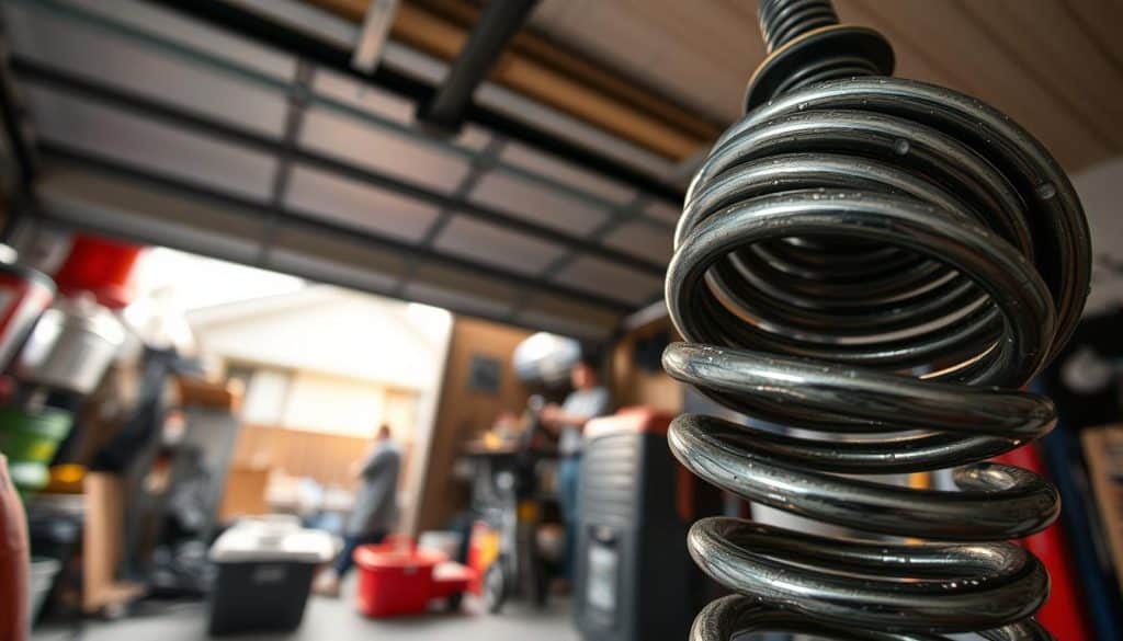 A close-up view of a garage door spring, showcasing its intricate details and metallic textures. In the foreground, the tightly coiled spring is prominently displayed, with glimmers of light reflecting off its surface, emphasizing its engineering and strength. The middle ground features a partially open garage door, revealing a cluttered garage space filled with tools and equipment, suggesting an active home repair environment. The background includes a section of the exterior of a typical suburban home, with soft natural light illuminating the scene, creating a warm and inviting atmosphere. The perspective should be from a low angle, adding depth and highlighting the significance of the spring within the context of garage maintenance.