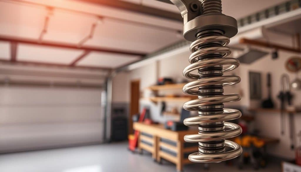A close-up view of a garage door spring, showcasing its intricate mechanisms under extreme tension. In the foreground, a highly detailed, metallic spring glistens under soft, natural light, highlighting its coils and tension rods. In the middle ground, a garage door partially opened reveals a modern garage interior, with tools organized neatly on a workbench, emphasizing safety and functionality. The background features a soft-focus view of a well-lit garage space with gentle shadows, evoking a structured and safe environment. The overall atmosphere is professional and informative, with a balanced composition drawn from a slightly elevated angle, capturing the complexities of garage door components without showing any people.