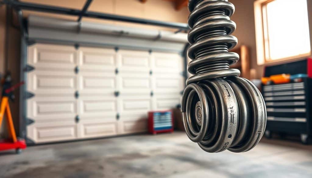 A close-up view of a garage door spring system, depicting the intricate mechanics and robust metal coils. In the foreground, highlight the coiled spring, showcasing its tension and metallic sheen, with subtle wear and tear marks. In the middle ground, include a partially visible garage door with a classic look, painted in a neutral color, and a concrete floor with toolboxes nearby. The background should show a softly lit garage environment, with warm light coming from a window, illuminating the scene to enhance the industrious atmosphere. Use a slightly angled perspective to add depth, suggesting a sense of realism and focus on the spring mechanism, conveying a professional and technical vibe throughout. The overall mood is informative and practical, suitable for illustrating the importance of garage door maintenance.