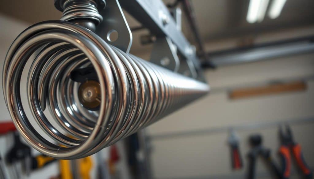 A close-up view of a garage door spring system, showcasing the intricate design and mechanics of a torsion spring setup. In the foreground, focus on the shiny metal coil spring tightly wound, glistening with reflections of ambient light. The middle ground features the mounting brackets and cables, illustrating their connection to the garage door. The background should be a soft blur of the garage environment, hinting at tools and a garage door partially visible. Use natural lighting to highlight the textures of the metal, casting soft shadows that enhance the three-dimensional feel. The overall mood should convey a sense of reliability and safety in mechanical engineering, suitable for an informative article on garage door maintenance. A close-up view of a garage door spring system, showcasing the intricate design and mechanics of a torsion spring setup. In the foreground, focus on the shiny metal coil spring tightly wound, glistening with reflections of ambient light. The middle ground features the mounting brackets and cables, illustrating their connection to the garage door. The background should be a soft blur of the garage environment, hinting at tools and a garage door partially visible. Use natural lighting to highlight the textures of the metal, casting soft shadows that enhance the three-dimensional feel. The overall mood should convey a sense of reliability and safety in mechanical engineering, suitable for an informative article on garage door maintenance.
