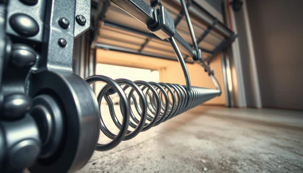 A close-up view of a garage door spring system, showcasing the intricate metal coils and hardware involved in the mechanism. The foreground features a well-maintained, shiny spring with visible details such as tension indicators and mounting brackets. The middle ground includes a slightly opened garage door, with a concrete floor beneath, reflecting a realistic setting. In the background, soft, natural light filters in through the garage entrance, creating a warm and inviting atmosphere. The image is shot from a low angle to emphasize the spring’s importance in maintaining the garage door's functionality. The color palette consists of metallic grays and muted earth tones, contributing to a professional yet approachable mood.