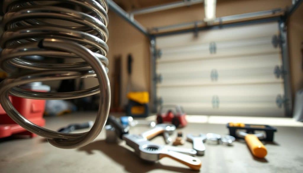 A close-up view of a garage door torsion spring, highlighting its coiled metal structure under tension. In the foreground, focus on the intricacies of the spring, showcasing its metallic surface glinting in bright, natural light. The middle ground features tools like wrenches and safety goggles, hinting at a DIY repair scenario. In the background, softly blurred, a garage door stands partially open, emphasizing the context without distraction. The angle should be slightly tilted to create a dynamic feel, adding a sense of urgency and caution. The overall mood is serious yet educational, conveying the importance of safety while handling torsion springs.
