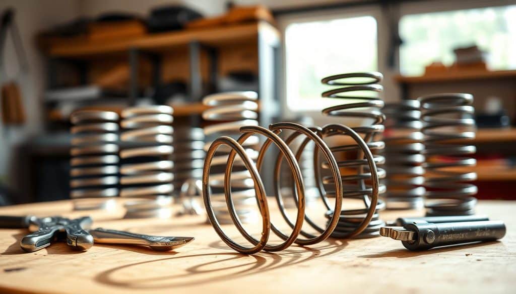 A close-up view of a garage door torsion spring system, displaying various types and sizes of torsion springs elegantly arranged on a wooden workbench. In the foreground, one torsion spring is highlighted, showcasing its coiled structure and intricate details, with grease smudges indicating use. The middle ground features additional springs in varying lengths, along with basic tools like pliers and a wrench for adjustment. The background is softly blurred, depicting a garage environment with shelves neatly arranged, containing other garage door components. Emphasize natural lighting streaming from a nearby window, casting gentle shadows that enhance the depth of the springs, creating a professional and informative atmosphere suitable for a technical article. A close-up view of a garage door torsion spring system, displaying various types and sizes of torsion springs elegantly arranged on a wooden workbench. In the foreground, one torsion spring is highlighted, showcasing its coiled structure and intricate details, with grease smudges indicating use. The middle ground features additional springs in varying lengths, along with basic tools like pliers and a wrench for adjustment. The background is softly blurred, depicting a garage environment with shelves neatly arranged, containing other garage door components. Emphasize natural lighting streaming from a nearby window, casting gentle shadows that enhance the depth of the springs, creating a professional and informative atmosphere suitable for a technical article.