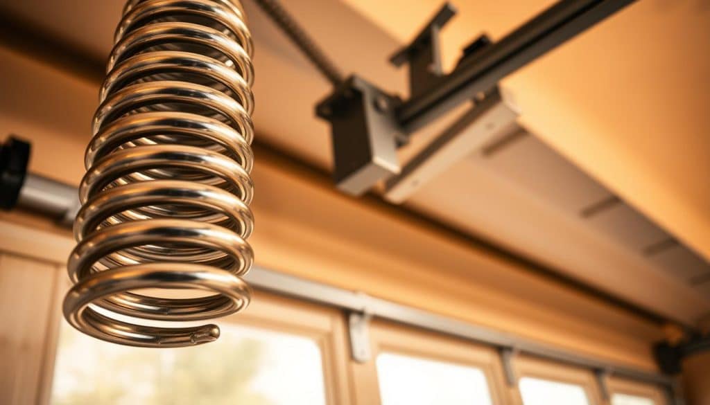 A close-up view of a garage door torsion spring system, showcasing the intricate mechanics and details of the spring. In the foreground, focus on the tightly coiled torsion spring, glistening in a soft metallic sheen under warm, diffused lighting. The middle area features a sturdy bracket and cable assembly, meticulously arranged to emphasize function. A partially opened garage door is visible in the background, bathed in natural light, providing context and depth to the scene. The angle is slightly tilted upwards, highlighting the tension and engineering of the torsion spring. The overall mood is informative and technical, evoking the precision and craftsmanship involved in garage door systems.