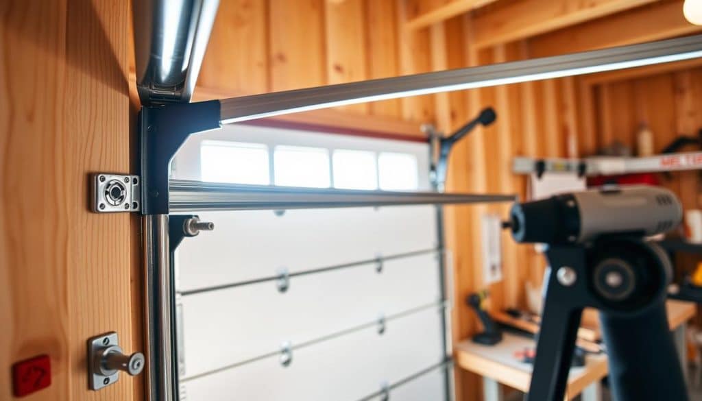 A close-up view of a garage door track installation process, showcasing a metallic track system mounted along a wooden garage wall. In the foreground, detailed components such as brackets, screws, and an uninstalled garage door can be seen, emphasizing the tools needed for installation. The middle layer features an open garage door, partially revealing the interior space filled with sunlight streaming through a window, casting soft shadows. The background includes a neatly organized workbench with tools like a drill and a level. The scene captures a professional atmosphere, with bright, even lighting to highlight the installation steps. The overall mood is focused and instructional, conveying a sense of hands-on craftsmanship in a domestic setting.