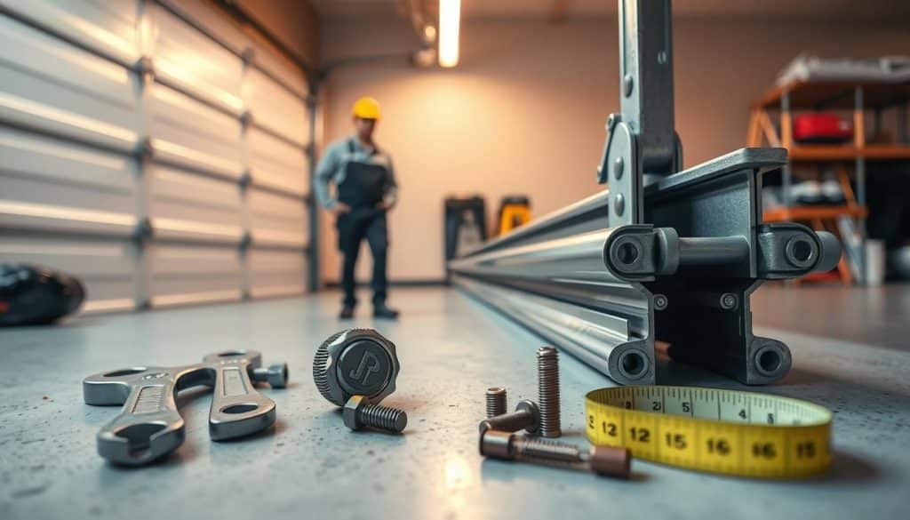A close-up view of a garage door track system, emphasizing the metal tracks and rollers. In the foreground, a set of essential installation tools such as a wrench, measuring tape, and screws is neatly arranged. The middle ground features the garage door track installed along a wall, showcasing the smooth, shiny metal and the intricate roller mechanism. In the background, a spacious, well-lit garage with a soft overhead light creates a warm atmosphere. A person in professional work attire stands beside the door, examining the track, highlighting safety and preparation. The overall mood is focused and practical, conveying a sense of readiness for installation work. The shot is taken at eye level to capture details clearly.