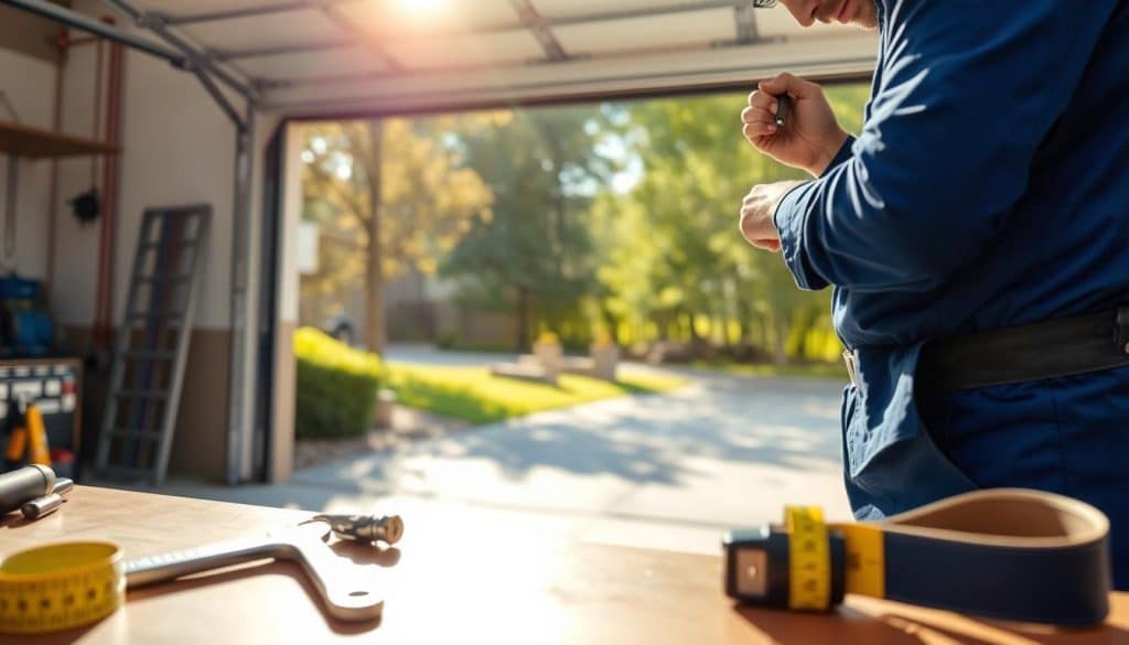 A close-up view of a garage door undergoing repair, focusing on a professional technician in a blue uniform examining a damaged segment of the door. In the foreground, tools like a wrench and a measuring tape are neatly arranged on a workbench, emphasizing the repair process. The middle ground features an open garage door, revealing intricate mechanical components, like springs and cables, which are in focus to illustrate the complexity of the repair. In the background, a driveway is visible, with light filtering through the trees, casting a warm, inviting glow. The atmosphere is industrious yet calm, highlighting the professionalism and care involved in garage door repairs. The scene is captured in natural lighting to enhance detail and realistic textures.