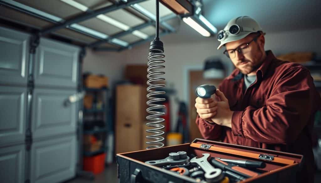 A close-up view of a garage door with a broken spring noticeably sagging in the middle, emphasizing wear and tear. In the foreground, highlight a technician dressed in professional work attire examining the spring with a flashlight, looking concerned. The middle ground features a toolbox with essential tools for spring replacement, such as a wrench and safety goggles. The background shows a well-lit garage setting with neatly arranged storage items. Soft natural light filters in from a window, creating an inviting atmosphere, while shadows highlight the urgency of the situation. The overall mood reflects the need for timely maintenance, underscoring the importance of recognizing clear signs of spring failure.