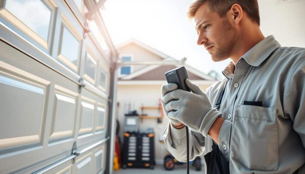 A close-up view of a garage door with visible safety features, such as pinch-resistant panels and safety eyes, shown in vivid detail. In the foreground, a professional technician in a collared shirt and safety gloves performs a safety inspection, utilizing a handheld testing device. The middle ground features a well-maintained garage setup, with tools organized on a workbench and a bright, clean interior. The background shows a suburban home with a clear blue sky and soft sunlight filtering through, creating a warm, inviting atmosphere. The lighting is bright and natural, emphasizing the importance of safety in garage door maintenance. The overall mood is professional and reassuring, conveying competence and preparedness for ensuring garage door safety.