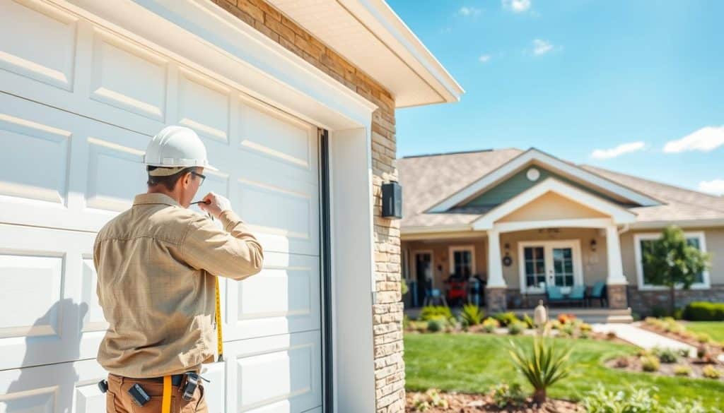 A close-up view of a modern garage door installation in a suburban setting, highlighting various garage door styles and their price tags attached, like wood, steel, and aluminum options. In the foreground, a professional installer in a hard hat and work attire is inspecting a sleek, white garage door with a measuring tape. The middle ground features a freshly installed, textured wooden garage door partially open, revealing tools and equipment inside the garage for a realistic touch. In the background, a bright, blue sky contrasts with a neatly landscaped yard and a cozy home exterior, creating a sunny, inviting atmosphere. Soft natural lighting highlights the textures and colors of the garage doors, showcasing their quality and aesthetics while maintaining a clean, professional look.