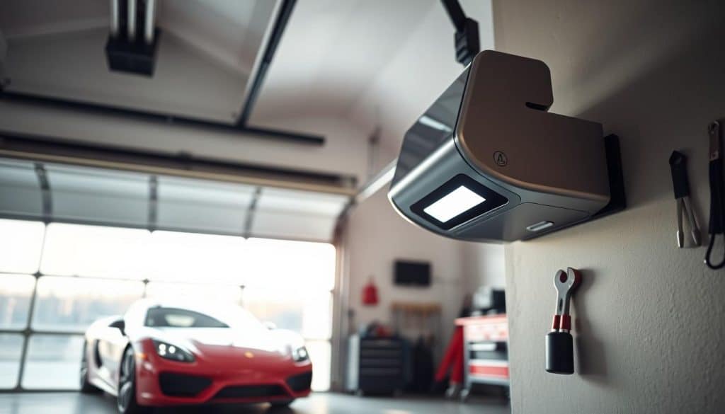 A close-up view of a modern garage door opener mounted on a wall, focused on its sleek design and illuminated control panel. The opener is shown from a low angle, creating an impression of advanced technology. In the foreground, there are subtle hints of a concrete garage floor. The background features a softly blurred garage environment, including a stylish car parked nearby and tools neatly organized on a workbench. Soft, natural lighting enters through the garage door, casting gentle shadows and enhancing the metallic sheen of the opener. The atmosphere is calm and professional, suggesting an informative and practical context related to home maintenance.