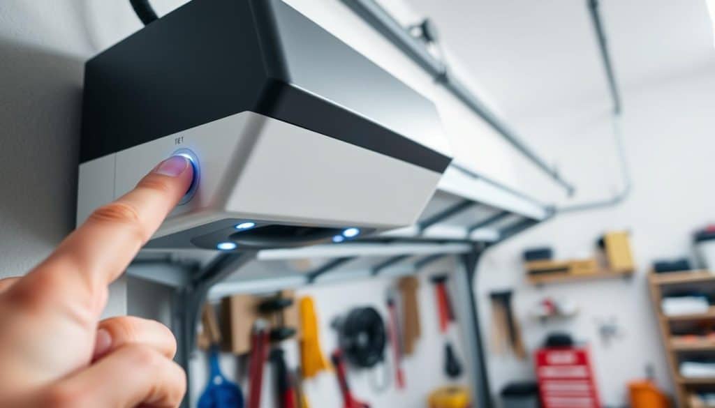 A close-up view of a modern garage door opener mounted on the wall, featuring a sleek, minimalist design with buttons illuminated in blue light. The foreground highlights the button panel, showing a finger pressing the 'open' button, which creates a sense of action. In the middle ground, the garage door is partially open, revealing the mechanism inside, including tracks and gears. The background showcases a tidy, organized garage space with tools and shelves neatly arranged. The lighting is bright and clean, emphasizing the technology, with a soft focus on the background to draw attention to the opener. The mood is professional and informative, capturing the essence of mechanical function in a home setting. A close-up view of a modern garage door opener mounted on the wall, featuring a sleek, minimalist design with buttons illuminated in blue light. The foreground highlights the button panel, showing a finger pressing the 'open' button, which creates a sense of action. In the middle ground, the garage door is partially open, revealing the mechanism inside, including tracks and gears. The background showcases a tidy, organized garage space with tools and shelves neatly arranged. The lighting is bright and clean, emphasizing the technology, with a soft focus on the background to draw attention to the opener. The mood is professional and informative, capturing the essence of mechanical function in a home setting.