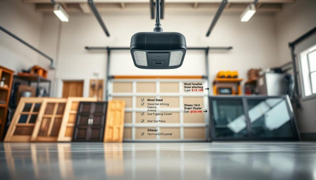 A close-up view of a modern garage door setup showcasing key factors influencing pricing. In the foreground, display an assortment of garage door styles, including wood, steel, and glass options, arranged on a sleek surface. The middle ground features a prominent garage door opener with technical specifications highlighted subtly around it. In the background, a well-lit garage setting with tools and installation materials creates an inviting atmosphere. The lighting is bright and natural, simulating daylight, capturing reflections on the door surfaces for a polished look. The scene conveys professionalism and expertise, setting a mood of reliability and quality.