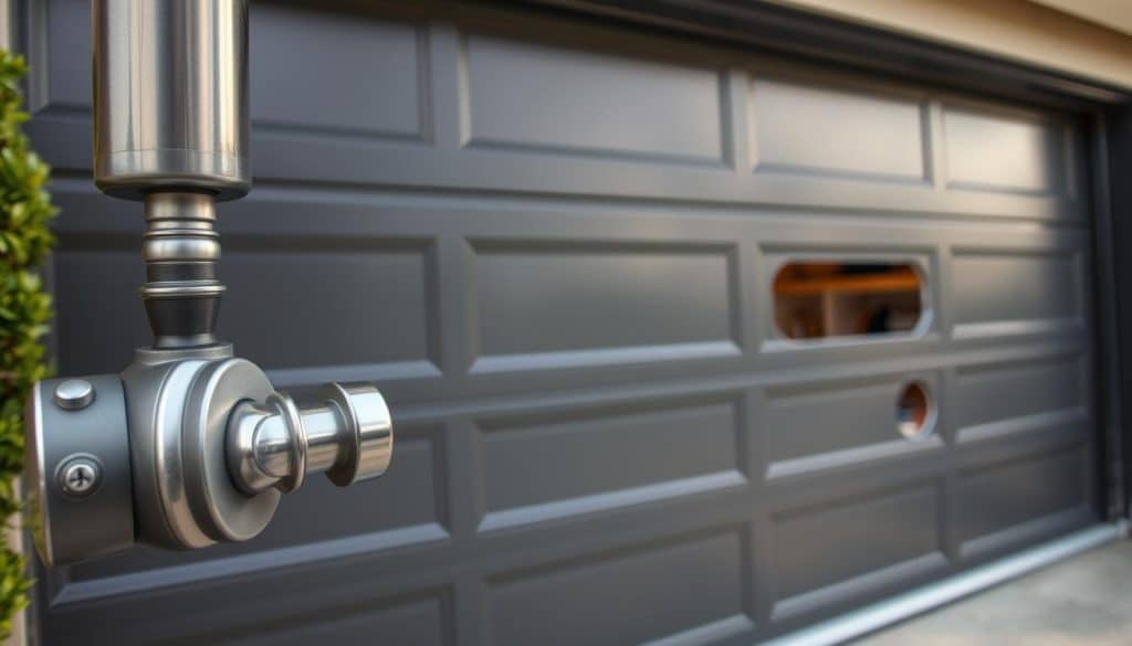 A close-up view of a modern garage door, showcasing a sleek design with horizontal panels, well-maintained and painted in a classic shades of dark gray. The foreground features a sturdy, polished handle and a rolling mechanism partially visible. In the middle ground, the door is partially open, revealing a tidy garage interior with shelves and tools, hinting at regular maintenance. In the background, a suburban driveway framed by green shrubs and a well-kept lawn creates a homey atmosphere. Soft, natural daylight filters through, highlighting the textures of the door and the cleanliness of the garage space. The overall mood is inviting and responsible, reflecting the importance of maintenance and care for one’s home. The camera angle is slightly tilted upward, giving a sense of depth and capturing the entirety of the garage door.