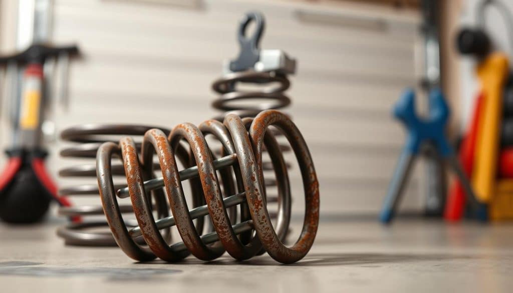 A close-up view of a pair of garage door springs, showcasing their intricate metal coils and textures. The foreground features a prominently displayed spring, detailed with rust and wear, highlighting its mechanical components. In the middle ground, a second spring is partially visible, adding depth to the composition. The background is softly blurred, suggesting a well-lit garage environment with faint outlines of tools and a garage door, creating context without distraction. Soft, even lighting accentuates the metallic sheen of the springs, emphasizing their functionality and strength. The atmosphere conveys a sense of realism and professionalism, appropriate for an informative context. The image should have a slightly industrial feel, capturing the essence of garage door mechanics.