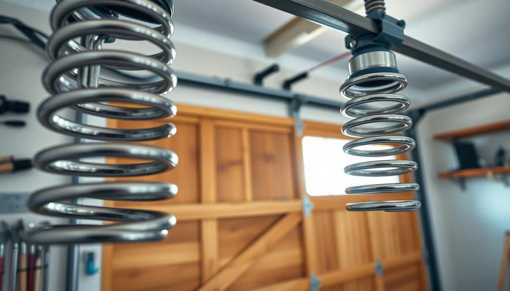 A close-up view of a pair of heavy-duty garage door springs mounted in a garage setting. In the foreground, highlight the intricate coils and mechanisms of the springs, showcasing their tension and metal surface with subtle reflections. The middle layer features a wooden garage door partially open, allowing natural light to filter in and cast soft shadows. The background includes faint outlines of tools and a workbench, creating a workshop atmosphere that suggests maintenance and installation work. Use soft, diffused lighting to emphasize the textures of the metal and wood while maintaining a clean, organized feel. The angle should create depth, focusing on the springs as the primary subject while providing context for the garage environment.
