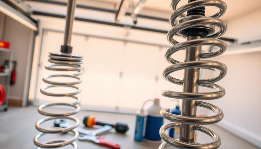 A close-up view of a set of garage door springs in a well-lit garage environment. The foreground features two heavy-duty torsion springs, their metallic coils gleaming under bright LED lights, showcasing intricate details like rust-resistant finish and tension adjustments. In the middle ground, the garage door track is slightly visible, emphasizing the springs' connection to the door mechanism, with tools such as a wrench and lubricant can nearby, indicating maintenance work. The background includes partially open garage doors, revealing a sunny driveway that adds warmth to the atmosphere. The overall mood is informative and focused, suitable for illustrating the technical aspects of garage door springs in everyday operation.