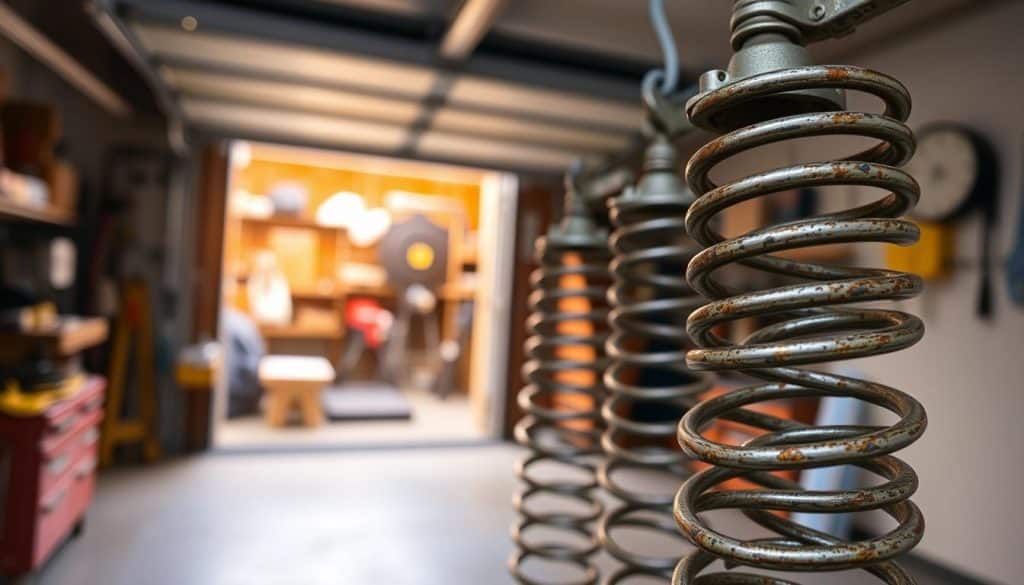 A close-up view of a set of garage door springs, prominently displayed in the foreground, showcasing their intricate coiled design and metallic textures. The springs should appear slightly worn, reflecting their usage. In the middle ground, a partially opened garage door reveals a blurred background of a workshop filled with tools and parts, softly illuminated with warm, natural light filtering through the door. The angle should be slightly from above, emphasizing the curvature and tension of the springs. The overall mood is practical and informative, capturing the essence of home improvement and repair. Ensure the image is free of distractions, focusing solely on the garage door springs and their essential details.