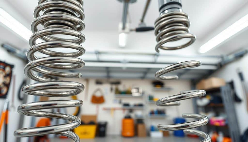 A close-up view of a set of garage door springs, showcasing their intricate design and engineering. The foreground features two sturdy, coiled springs prominently displayed, emphasizing their tension and durability. In the middle ground, a partially open garage door reveals a glimpse of a neat garage environment, with tools and household items organized in the background. The lighting is bright and even, illuminating the metallic surfaces of the springs while casting soft shadows that highlight their curves and textures. The angle should be slightly elevated, giving a comprehensive view of the springs and their context within the garage. The atmosphere feels professional and informative, ideal for an article discussing the longevity and maintenance of garage door springs.