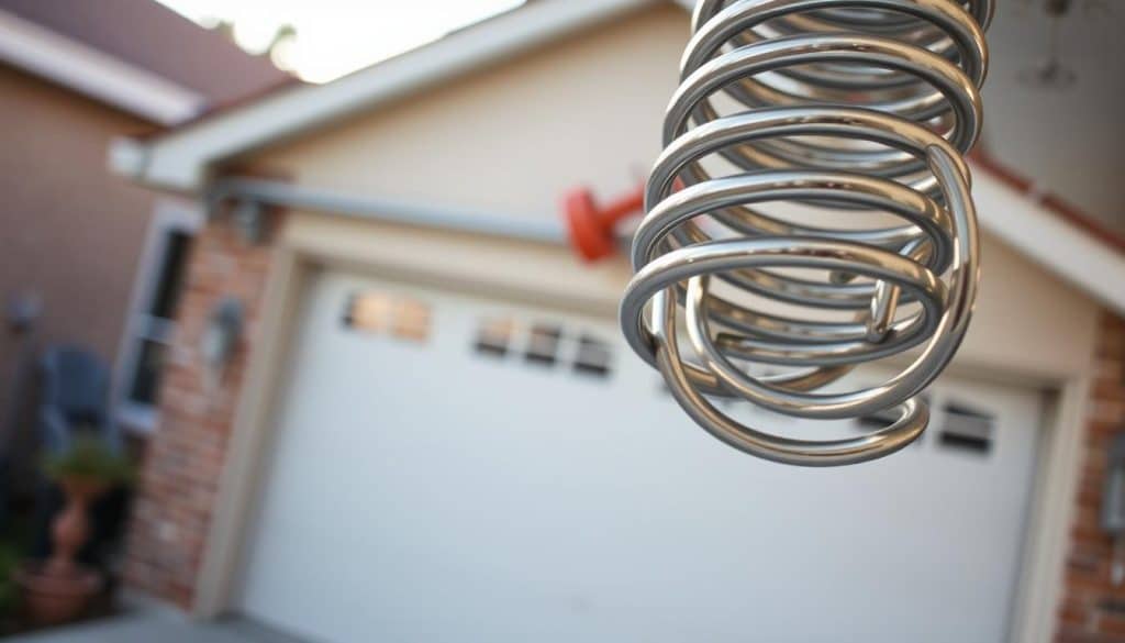 A close-up view of a torsion spring, intricately detailed with its coils and torsional mechanics highlighted. The foreground features the spring sharply in focus, showcasing its metallic texture and the points where it connects to a garage door system. In the middle ground, a partially open garage door can be seen, emphasizing the context of its use. The background is slightly blurred, with a hint of a residential garage setting to provide atmosphere. The lighting is soft and natural, suggesting a late afternoon glow that accentuates the spring’s metallic shine. The overall mood is technical and educational, inviting viewers to explore the functionality and importance of torsion springs in garage door operation. A close-up view of a torsion spring, intricately detailed with its coils and torsional mechanics highlighted. The foreground features the spring sharply in focus, showcasing its metallic texture and the points where it connects to a garage door system. In the middle ground, a partially open garage door can be seen, emphasizing the context of its use. The background is slightly blurred, with a hint of a residential garage setting to provide atmosphere. The lighting is soft and natural, suggesting a late afternoon glow that accentuates the spring’s metallic shine. The overall mood is technical and educational, inviting viewers to explore the functionality and importance of torsion springs in garage door operation.