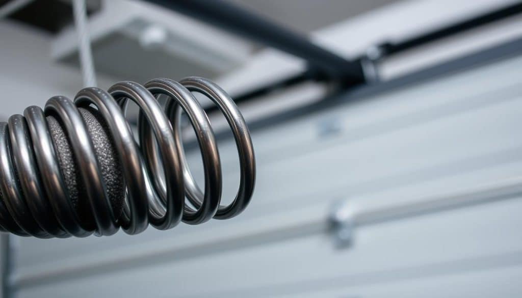 A close-up view of a torsion spring, its coiled metal structure prominently displayed in the foreground. The spring should feature intricate details, showcasing the tension and twist in the coils, reflecting its robust construction. Adjacent to the spring, a pair of garage door cables unravel subtly, demonstrating their role in lifting and balancing the door. In the background, a blurred image of a garage door partially open, with soft, diffused lighting illuminating the spring, creating a serious yet technical atmosphere. The lens should have a shallow depth of field, sharply focusing on the spring while softening the background. The entire scene should convey a sense of mechanical precision and strength, underscoring the importance of torsion springs in garage door systems. A close-up view of a torsion spring, its coiled metal structure prominently displayed in the foreground. The spring should feature intricate details, showcasing the tension and twist in the coils, reflecting its robust construction. Adjacent to the spring, a pair of garage door cables unravel subtly, demonstrating their role in lifting and balancing the door. In the background, a blurred image of a garage door partially open, with soft, diffused lighting illuminating the spring, creating a serious yet technical atmosphere. The lens should have a shallow depth of field, sharply focusing on the spring while softening the background. The entire scene should convey a sense of mechanical precision and strength, underscoring the importance of torsion springs in garage door systems.