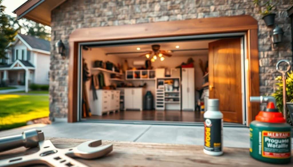 A close-up view of a well-maintained garage door, showcasing its intricate details such as polished wood grain and modern metallic accents. The foreground features tools like a wrench and lubricant, symbolizing maintenance. In the middle, a garage door is partially open, revealing a tidy garage with organized storage systems and a glimpse of a vehicle. The background hints at a suburban neighborhood, with green lawns and neat houses, bathed in late afternoon sunlight that casts soft shadows, creating a warm and inviting atmosphere. Use a DSLR lens to capture sharp details and a slight bokeh effect in the background, emphasizing the importance of garage door care.